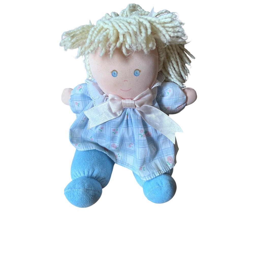 Eden Blue‎ Plaid Dress Stuffed Plush 10" Blonde Ponytail Yarn Hair Girl Doll